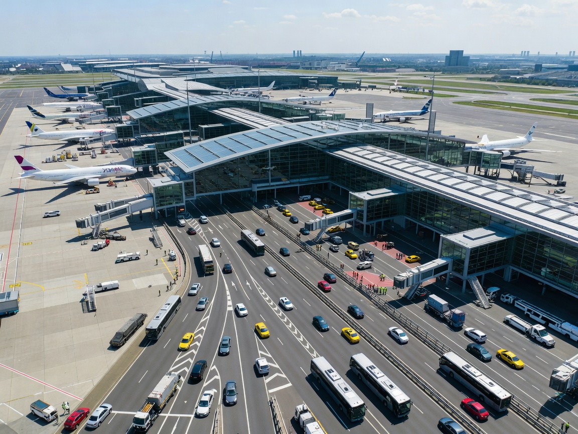 Aerial view of a major European international airport concourse and transit road