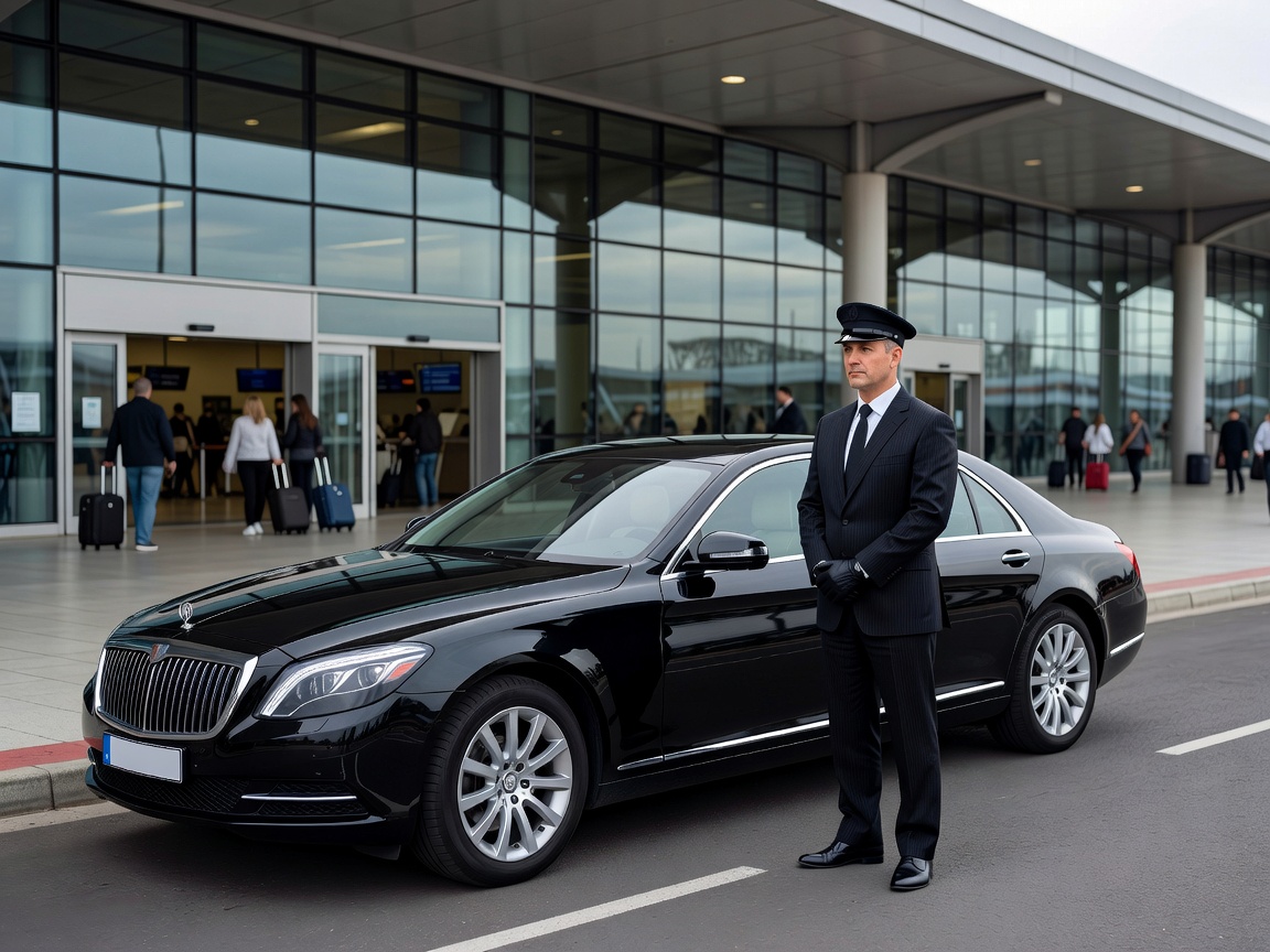 Chauffeur waiting by a polished black sedan outside an airport terminal