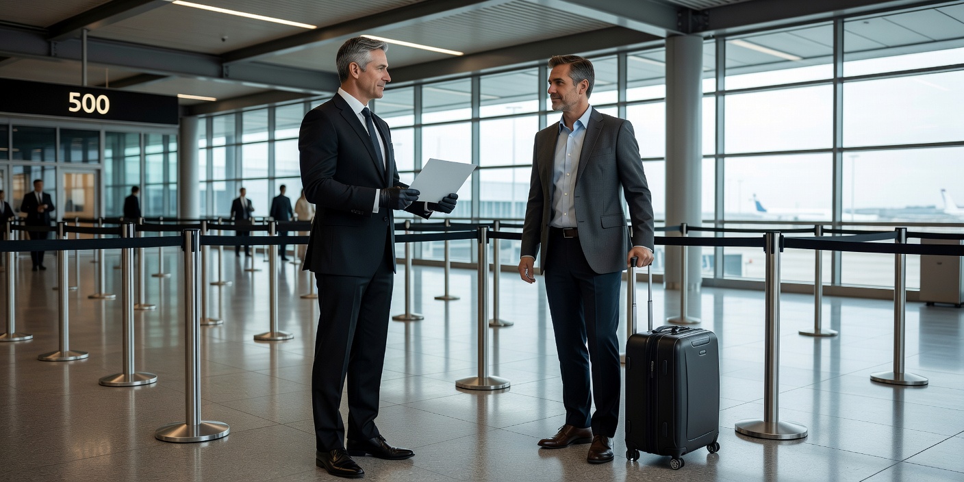 Executive chauffeur greeting a professional traveler at the terminal arrivals barrier