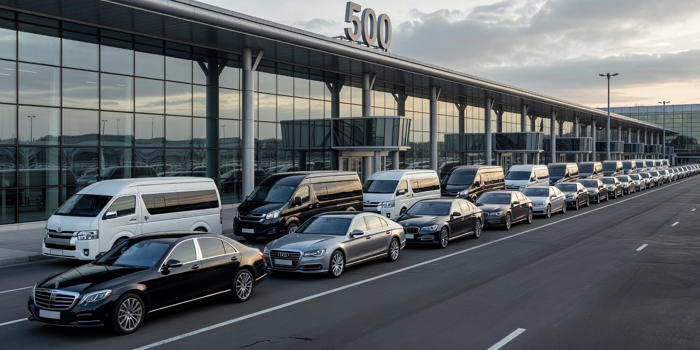 Executive saloons and passenger vans lined up outside an airport terminal building