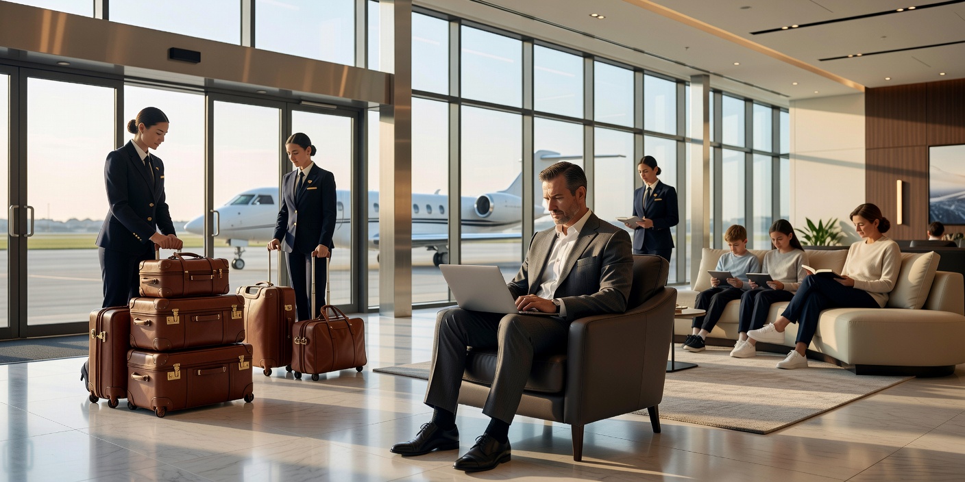 Executive traveler working on a laptop while family luggage is handled at a private airport terminal