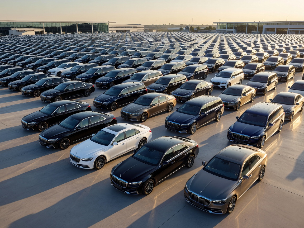 Fleet of premium luxury sedans and spacious passenger vans parked in order