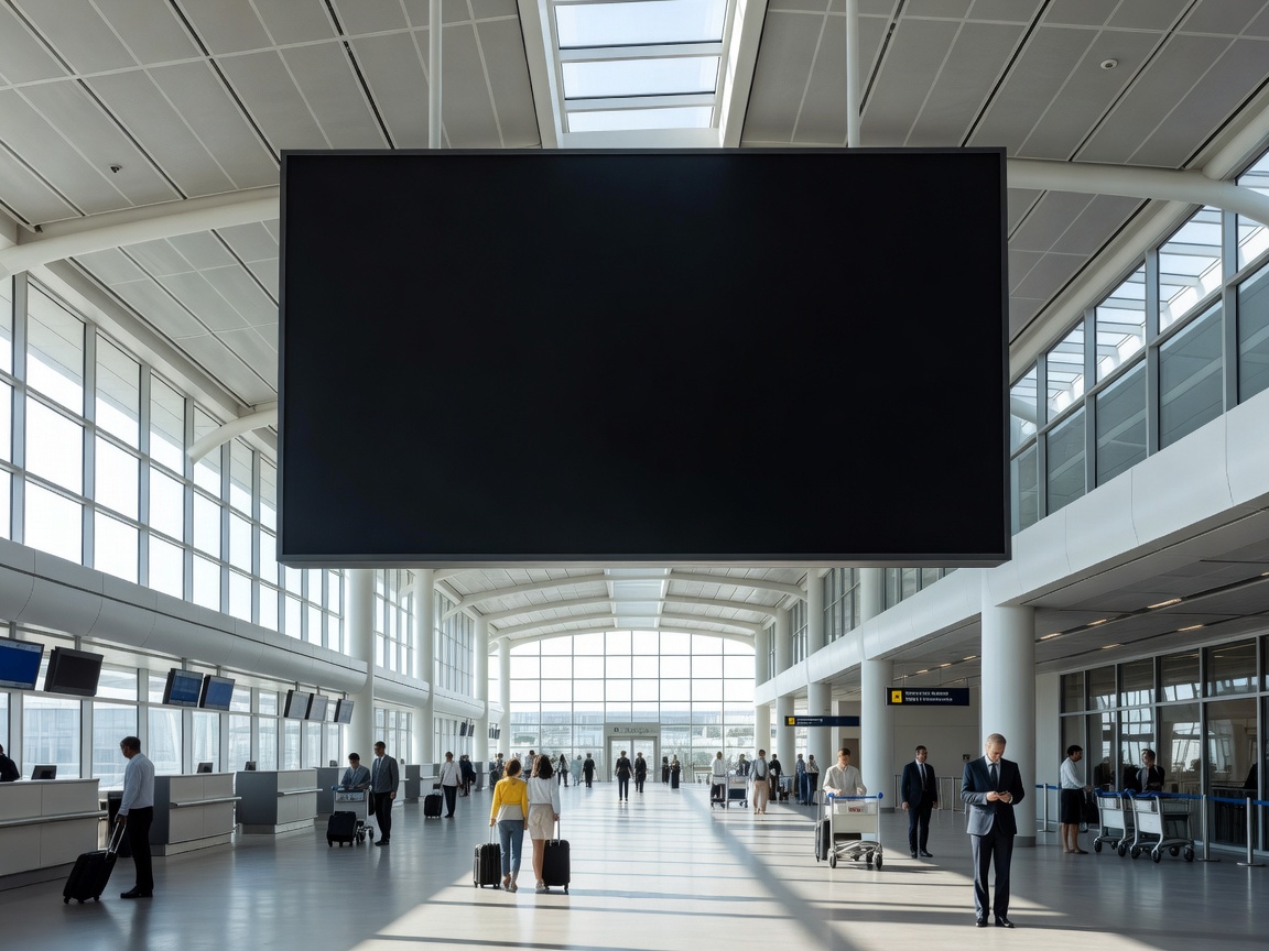 Flight departure and arrival board inside an airy modern international airport