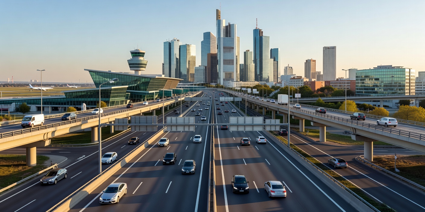 Panoramic view of European highway infrastructure leading from an airport toward city skyscrapers