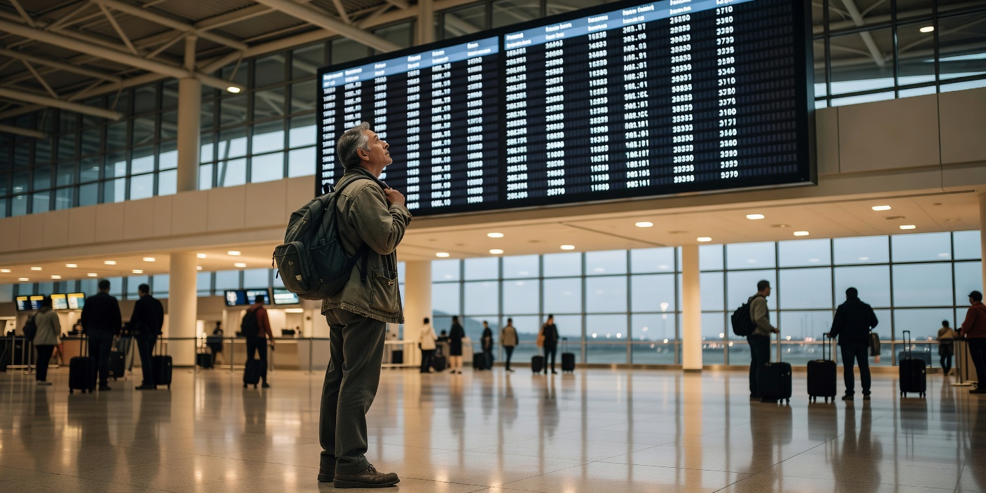 Traveler checking the flight status board under the soft lighting of an international terminal