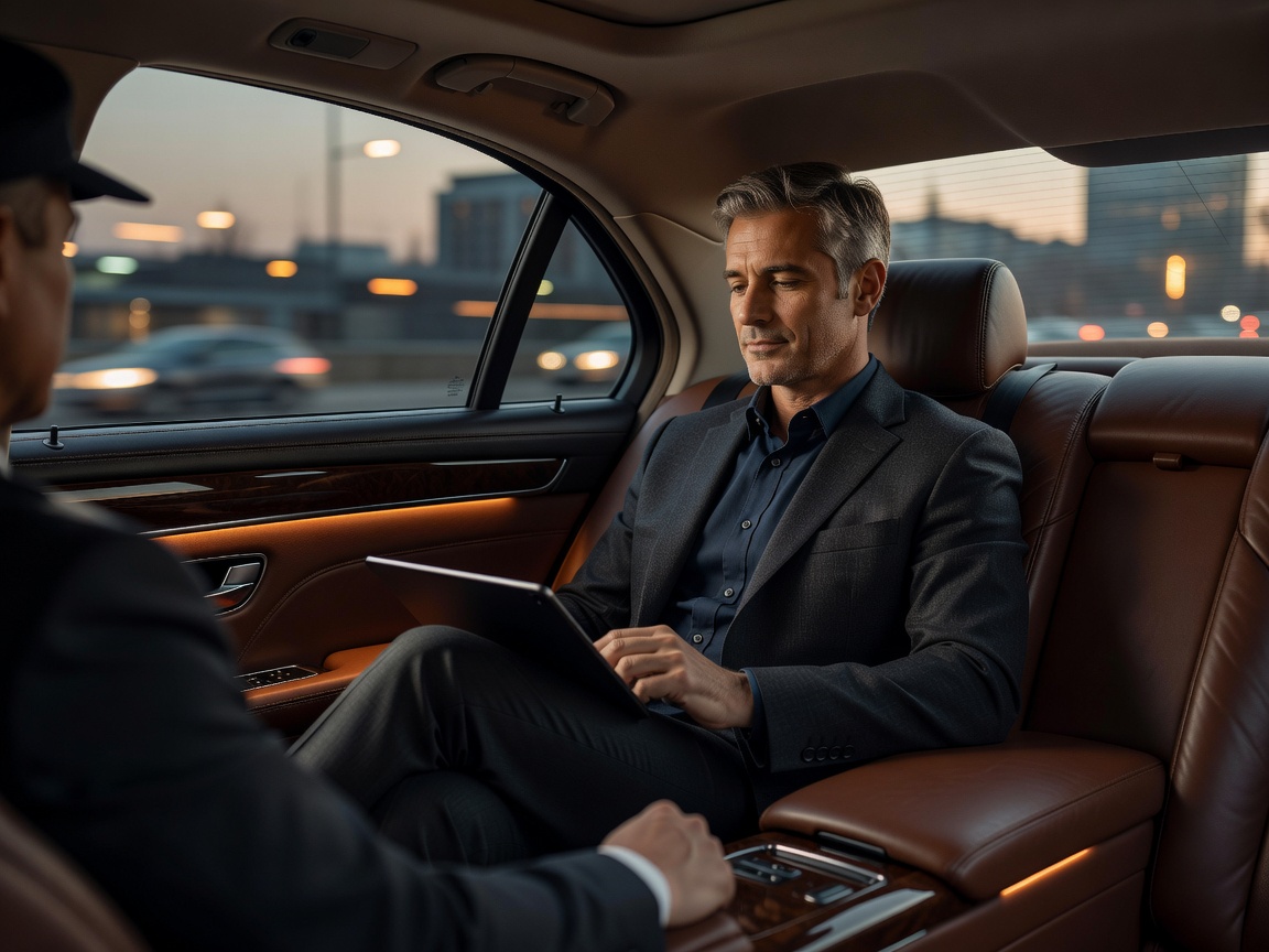 Traveler working calmly on a tablet in the backseat of a chauffeured vehicle